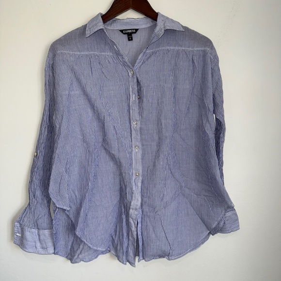 EXPRESS Womens XS Oversized Blue White Stripe Long Sleeve Button Up Shirt i1 - Picture 1 of 4